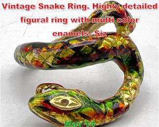 Lot 179 14K Gold Enamel Fancy Vintage Snake Ring. Highly detailed figural ring with multi color enamels. Siz