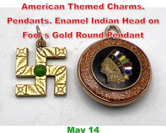 Lot 325 2pc Antique Native American Themed Charms. Pendants. Enamel Indian Head on Fool s Gold Round Pendant