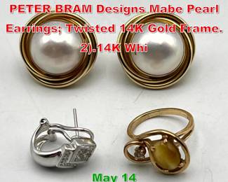 Lot 97 3pc Gold Lot. Pr 14K Gold PETER BRAM Designs Mabe Pearl Earrings Twisted 14K Gold Frame. 2.14K Whi
