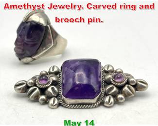 Lot 75 2pcs Mexican Silver and Amethyst Jewelry. Carved ring and brooch pin. 