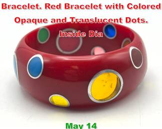Lot 314 Plastic Polka Dot Bangle Bracelet. Red Bracelet with Colored Opaque and Translucent Dots. Inside Dia