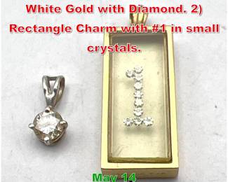 Lot 151 2pc 14K Gold Pendants. 1 White Gold with Diamond. 2 Rectangle Charm with 1 in small crystals. 