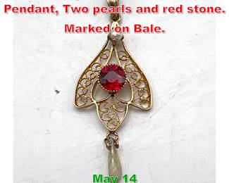 Lot 140 10K Gold Lavaliere Pendant, Two pearls and red stone. Marked on Bale. 