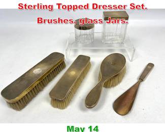 Lot 359 6pcs Asprey London Sterling Topped Dresser Set. Brushes, glass Jars. 