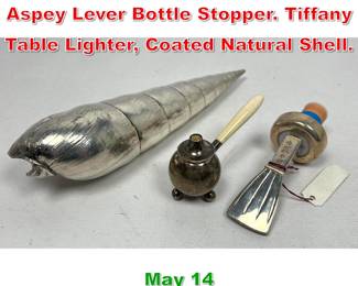 Lot 356 3pcs Sterling Objects. Aspey Lever Bottle Stopper. Tiffany Table Lighter, Coated Natural Shell. 