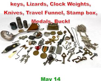 Lot 374 Misc. Lot. Keys, Watch keys, Lizards, Clock Weights, Knives, Travel Funnel, Stamp box, Medals, Buckl