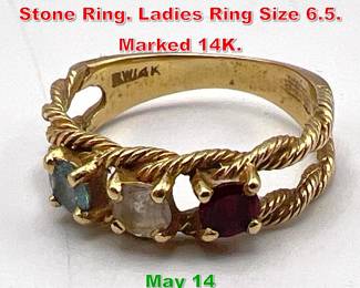 Lot 193 14K Gold Red, White, Blue Stone Ring. Ladies Ring Size 6.5. Marked 14K. 