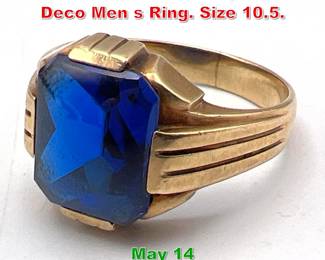 Lot 219 10K Gold Blue Glass Art Deco Men s Ring. Size 10.5. 