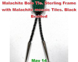 Lot 16 DRF JR Sterling Silver Malachite Bolo Tie. Sterling Frame with Malachite mosaic Tiles. Black Braided