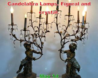 Lot 477 Pair Vintage Gilt wood Candelabra Lamps. Figural and crystal. 