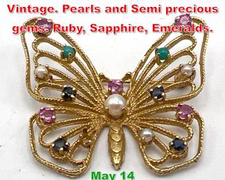 Lot 135 14K Gold Butterfly Pin. Vintage. Pearls and Semi precious gems. Ruby, Sapphire, Emeralds. 