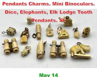Lot 321 14pc Carved Material Pendants Charms. Mini Binoculars. Dice, Elephants, Elk Lodge Tooth Pendants. Sk