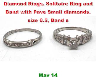 Lot 236 2pc 14K White Gold Diamond Rings. Solitaire Ring and Band with Pave Small diamonds. size 6.5, Band s