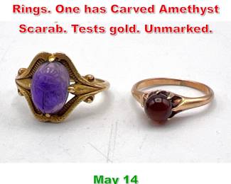 Lot 173 2pc Vintage Tests Gold Rings. One has Carved Amethyst Scarab. Tests gold. Unmarked. 