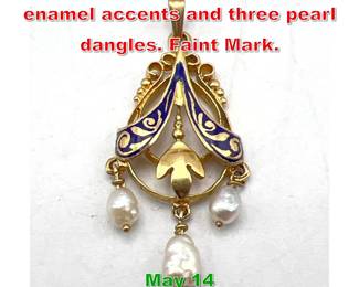 Lot 144 14K Gold Lavaliere. Blue enamel accents and three pearl dangles. Faint Mark. 