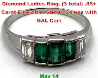 Lot 104 Platinum Emerald and Diamond Ladies Ring. 3 total .65 Carat Emeralds. Size 8. Comes with GAL Cert
