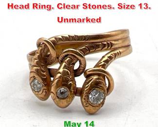 Lot 174 14K Rose Gold Triple Snake Head Ring. Clear Stones. Size 13. Unmarked 