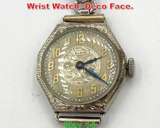 Lot 248 Vintage Elgin 14K Gold Wrist Watch. Deco Face. 