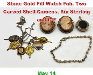 Lot 326 Vintage Jewelry Lot. Blood Stone Gold Fill Watch Fob. Two Carved Shell Cameos. Six Sterling and GF 