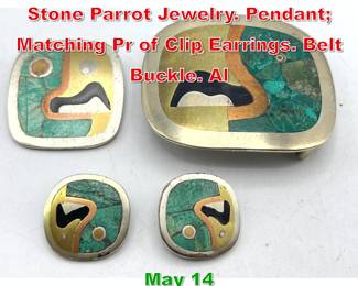Lot 7 4pc LOS CASTILLO Inlaid Stone Parrot Jewelry. Pendant Matching Pr of Clip Earrings. Belt Buckle. Al