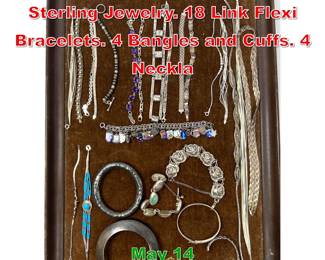 Lot 71 Large Collection Silver and Sterling Jewelry. 18 Link Flexi Bracelets. 4 Bangles and Cuffs. 4 Neckla