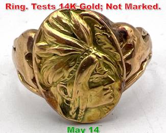 Lot 215 14K YG Gold Indian Face Ring. Tests 14K Gold Not Marked.