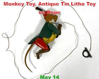 Lot 464 LEHMAN TOY Climbing Monkey Toy. Antique Tin Litho Toy on Rope