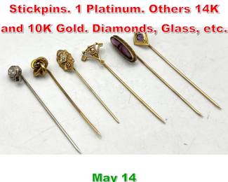 Lot 166 Lot 6 Vintage and Antique Stickpins. 1 Platinum. Others 14K and 10K Gold. Diamonds, Glass, etc. 