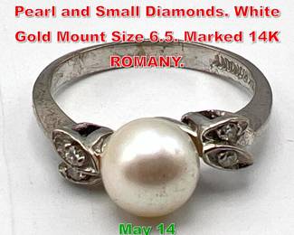 Lot 201 14K Gold Ring with Single Pearl and Small Diamonds. White Gold Mount Size 6.5. Marked 14K ROMANY. 