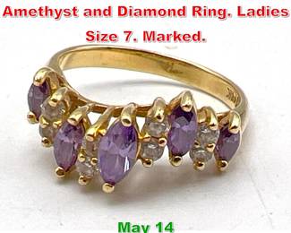 Lot 184 14K Gold Marquise Amethyst and Diamond Ring. Ladies Size 7. Marked. 