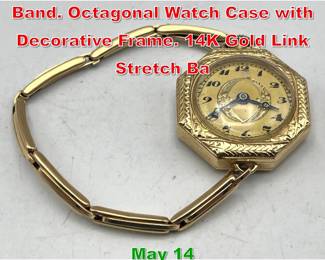 Lot 246 14K Gold Ladies Watch and Band. Octagonal Watch Case with Decorative Frame. 14K Gold Link Stretch Ba