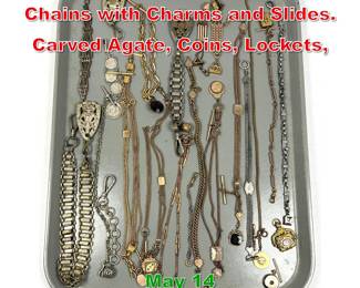 Lot 307 25pcs Fancy Pocket watch Chains with Charms and Slides. Carved Agate, Coins, Lockets, 