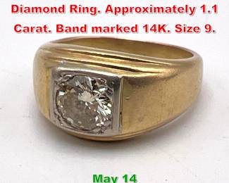 Lot 237 14K Gold Stepped Mount Diamond Ring. Approximately 1.1 Carat. Band marked 14K. Size 9. 