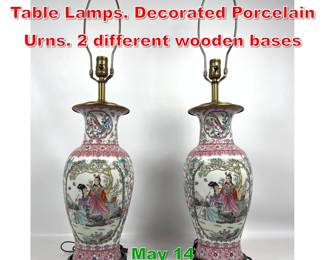 Lot 483 Chinese Famille Rose Vase Table Lamps. Decorated Porcelain Urns. 2 different wooden bases 