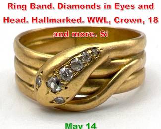 Lot 206 18K Gold Wrapped Snake Ring Band. Diamonds in Eyes and Head. Hallmarked. WWL, Crown, 18 and more. Si