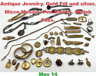 Lot 335 Mixed Lot Vintage and Antique Jewelry. Gold Fill and silver. Micro Mosaic. Pen Knives. Watch Fobs. 