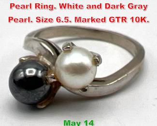 Lot 194 10K White Gold Double Pearl Ring. White and Dark Gray Pearl. Size 6.5. Marked GTR 10K. 