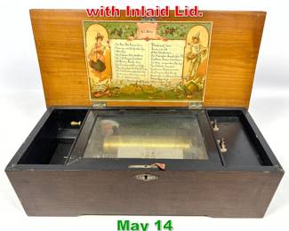 Lot 429 Vintage Cylinder Music Box with Inlaid Lid. 