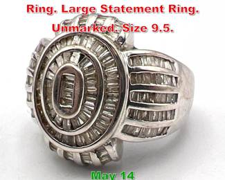 Lot 183 14K White Gold Diamond Ring. Large Statement Ring. Unmarked. Size 9.5. 