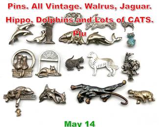 Lot 66 17pc Sterling Silver Animal Pins. All Vintage. Walrus, Jaguar. Hippo, Dolphins and Lots of CATS. Plu