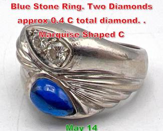 Lot 185 14K White Gold Diamond Blue Stone Ring. Two Diamonds approx 0.4 C total diamond. . Marquise Shaped C