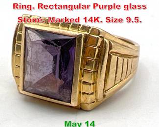 Lot 205 14K Gold Vintage Mans Ring. Rectangular Purple glass Stone. Marked 14K. Size 9.5.