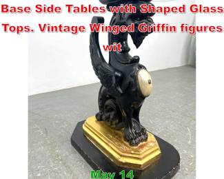 Lot 533 Pair Carved Wood Griffin Base Side Tables with Shaped Glass Tops. Vintage Winged Griffin figures wit
