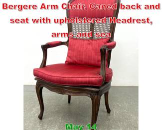 Lot 519 Vintage Carved French Bergere Arm Chair. Caned back and seat with upholstered Headrest, arms and sea