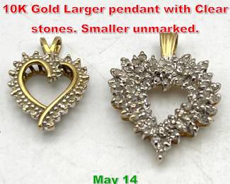 Lot 155 2pc Gold Heart Pendants. 10K Gold Larger pendant with Clear stones. Smaller unmarked. 