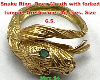 Lot 225 14K Gold Sculptural Figural Snake Ring. Open Mouth with forked tongue. Green emerald eyes. Size 6.5.