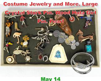 Lot 72 Assorted Collection of Costume Jewelry and More. Large Crystal Stork Pin. Wood Hula Girl Pin. Pearl 