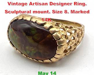 Lot 210 14K Gold Fire Agate Ring. Vintage Artisan Designer Ring. Sculptural mount. Size 8. Marked 14K. 