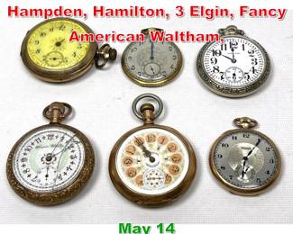 Lot 284 Lot 6 Pocket Watches. Hampden, Hamilton, 3 Elgin, Fancy American Waltham, 