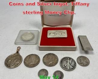 Lot 362 Mixed Silver Lot. American Coins and Silver Ingot. Tiffany sterling Money Clip. 